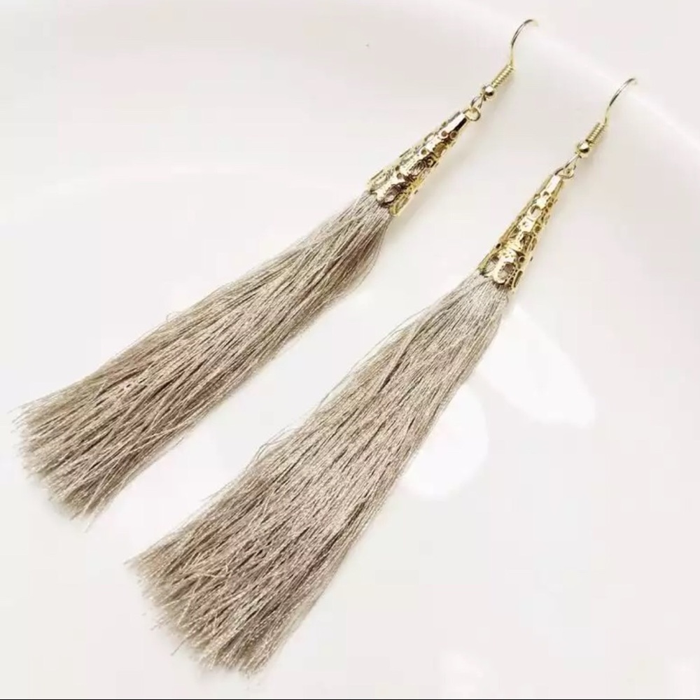 Boho Golden Beige & Gold Tassel Earrings